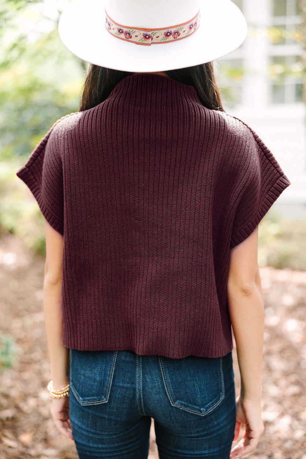 Shewin oatmeal ribbed knit short sleeve sweater with patch pocket, casual and cozy design, lightweight knit fabric.