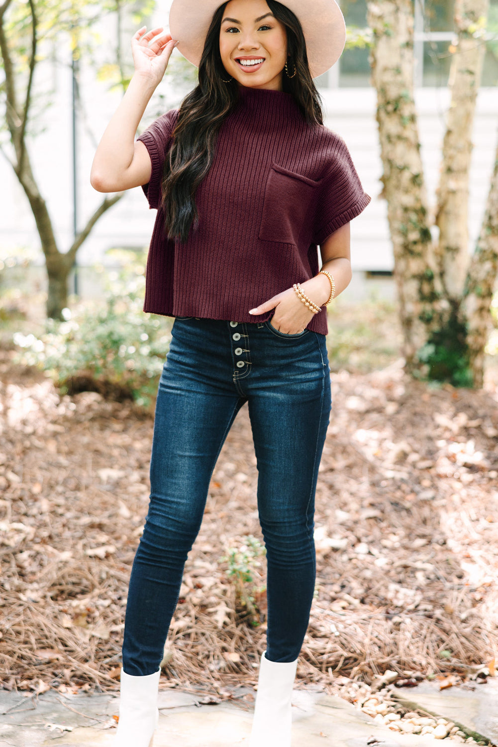 Shewin oatmeal ribbed knit short sleeve sweater with patch pocket, featuring a casual and cozy design.