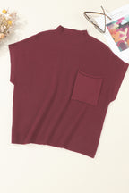 Shewin oatmeal ribbed knit short sleeve sweater with patch pocket, casual style, cozy knit fabric, and relaxed fit.