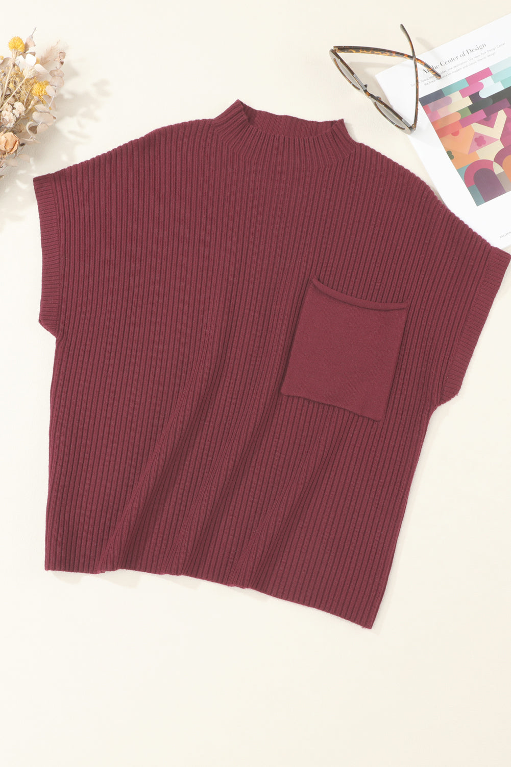 Shewin oatmeal ribbed knit short sleeve sweater with patch pocket, casual style, cozy knit fabric, and relaxed fit.