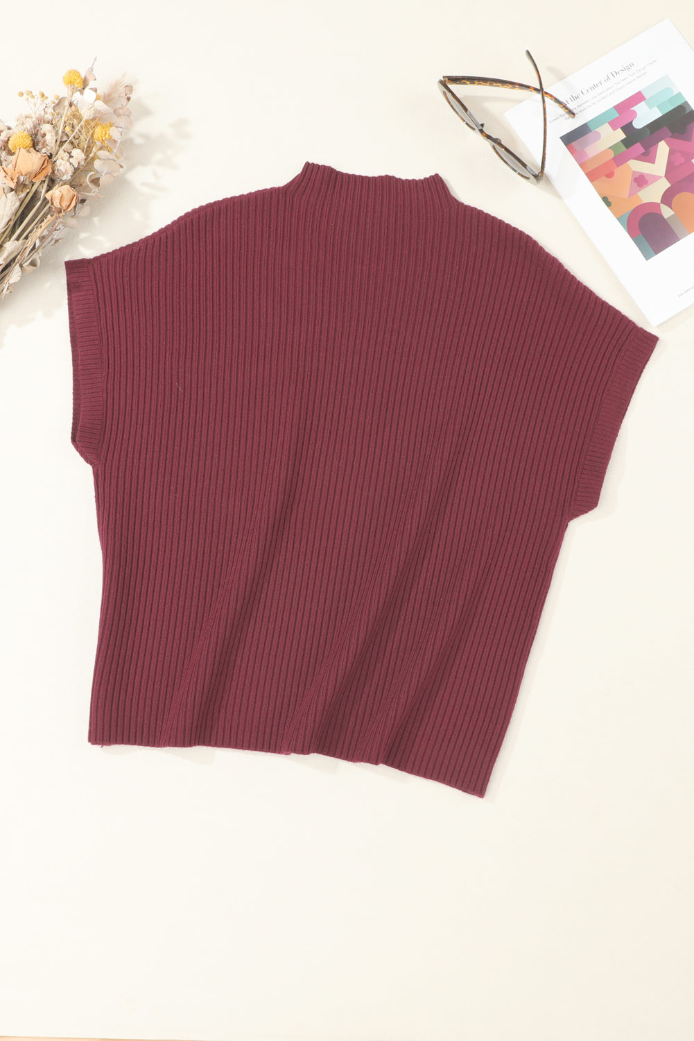 Shewin oatmeal patch pocket ribbed knit short sleeve sweater, cream-colored with a relaxed fit and ribbed texture.