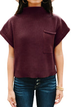 Shewin oatmeal ribbed knit short sleeve sweater with patch pocket, casual and cozy design for everyday wear.
