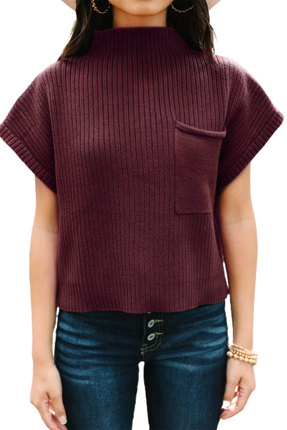 Shewin oatmeal ribbed knit short sleeve sweater with patch pocket, casual and cozy design for everyday wear.