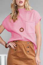 Shewin oatmeal patch pocket ribbed knit short sleeve sweater, casual knit top with patch pocket detail and ribbed texture.