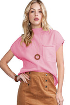Shewin oatmeal ribbed knit short sleeve sweater with patch pocket, casual style, lightweight and comfortable for everyday wear.