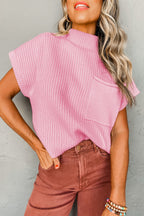 Shewin oatmeal patch pocket ribbed knit short sleeve sweater, casual knit top with patch pocket detail and ribbed texture.