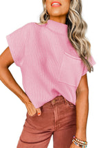 Shewin oatmeal patch pocket ribbed knit short sleeve sweater, casual knit top with patch pocket and ribbed texture.