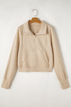 Brown zip-up stand collar sweatshirt with thumbhole sleeves from Shewin, featuring a cozy, casual design for comfortable wear.