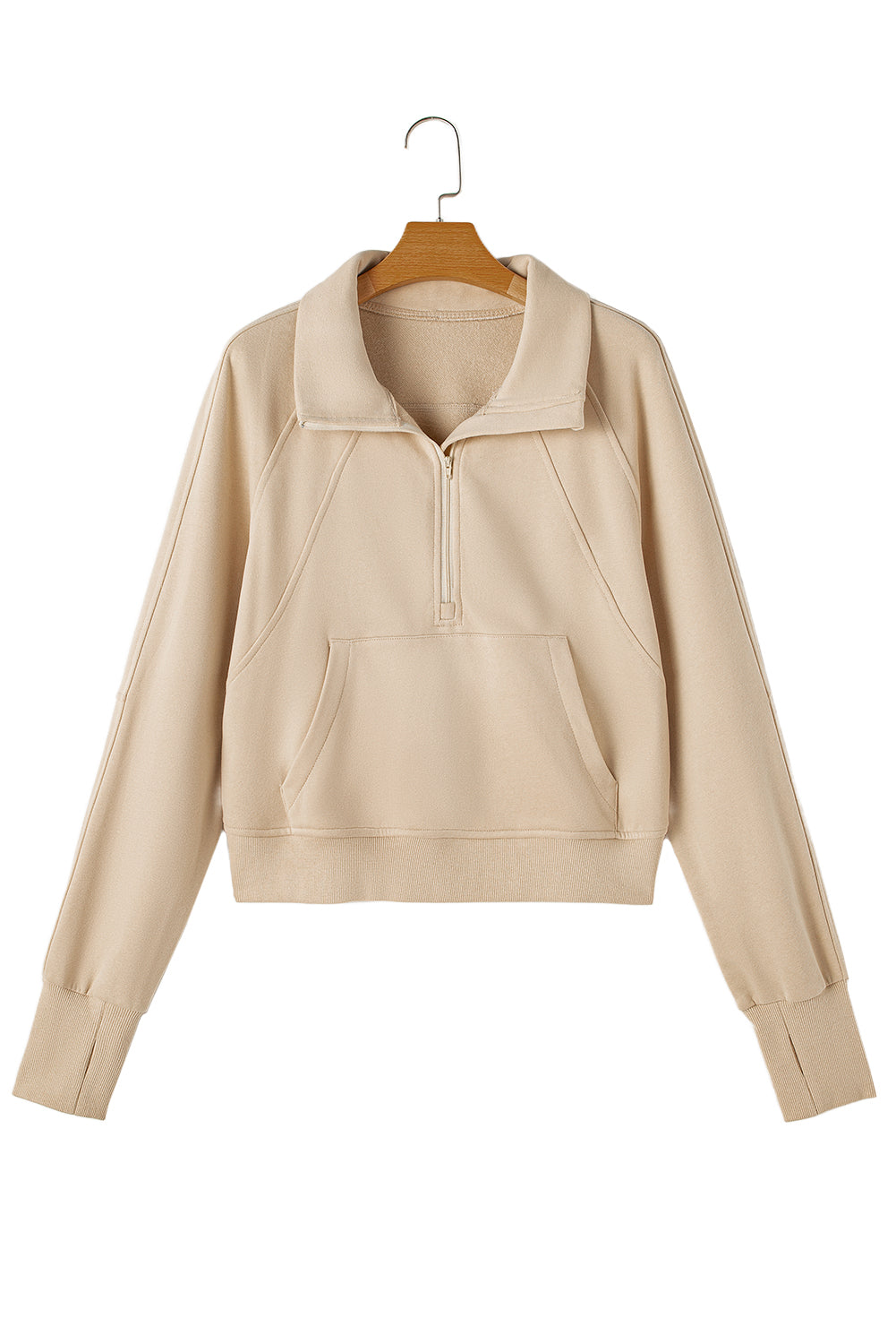 Brown zip-up sweatshirt with stand collar and thumbhole sleeves by Shewin, casual and comfortable for everyday wear.