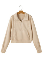 Brown zip-up sweatshirt with stand collar and thumbhole sleeves by Shewin, casual and comfortable for everyday wear.