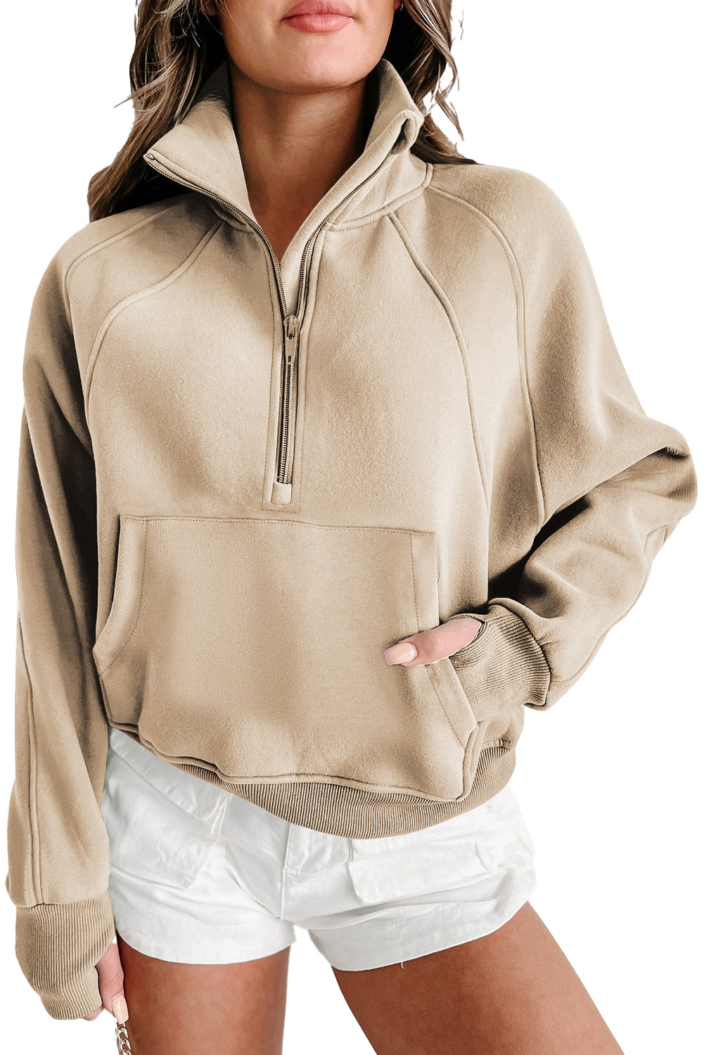 Brown zip-up sweatshirt with stand collar and thumbhole sleeves from Shewin, casual and comfortable for everyday wear.