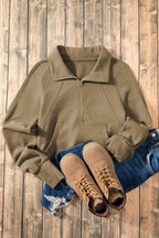 Brown zip-up sweatshirt with stand collar and thumbhole sleeves by Shewin, casual and comfortable for everyday wear.