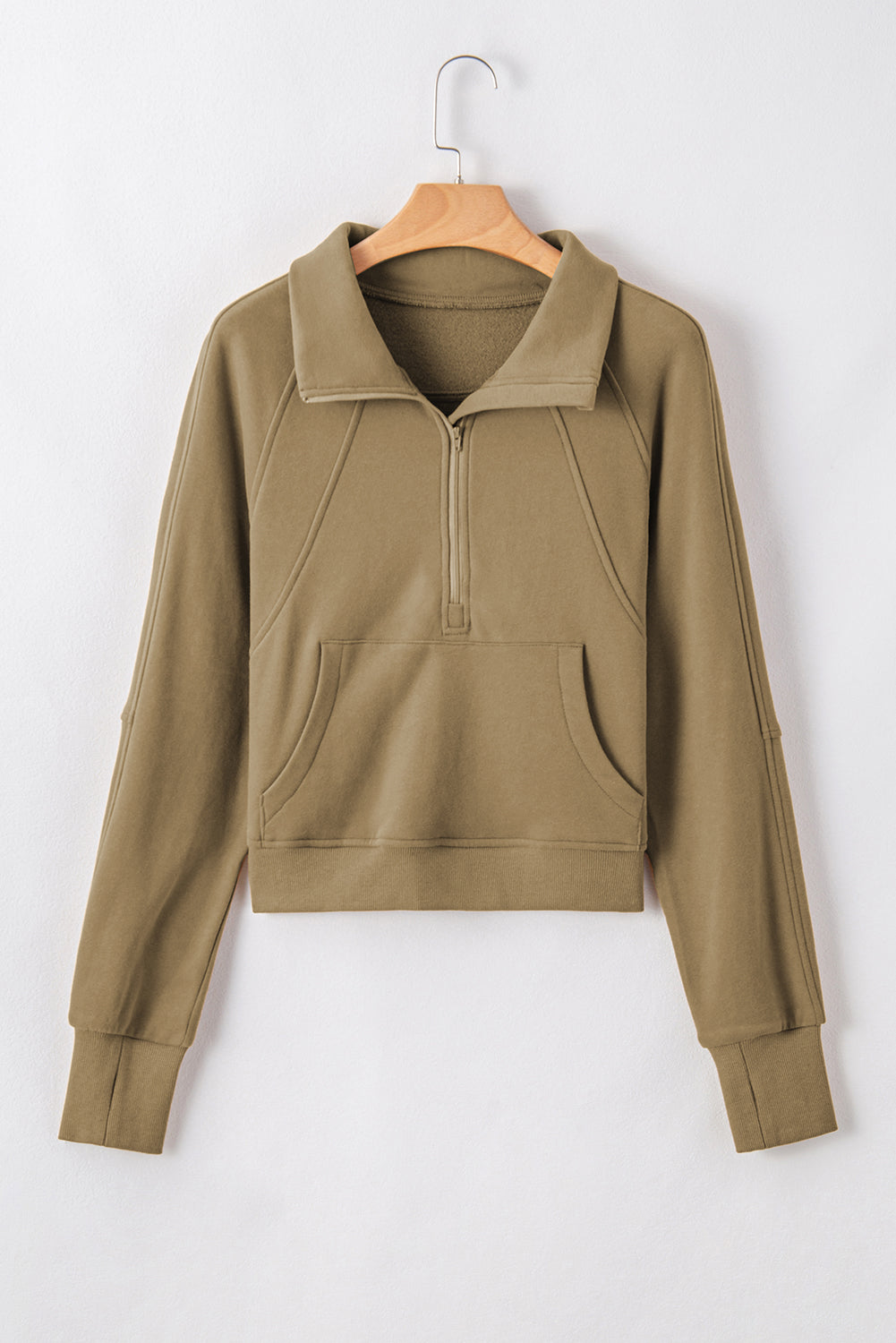 Brown zip-up sweatshirt with stand collar and thumbhole sleeves, casual Shewin hoodie for a stylish, comfortable look.