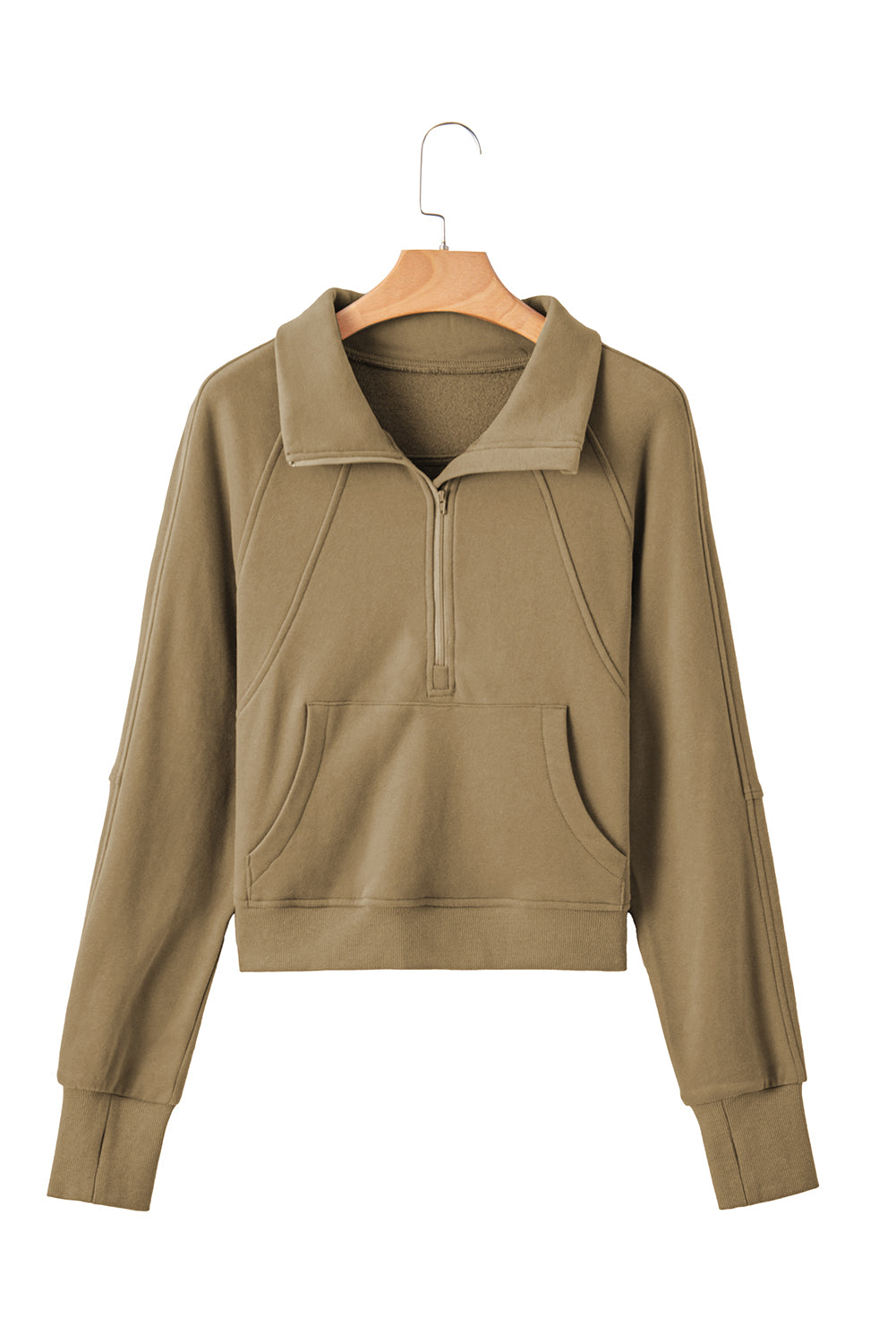 Brown zip-up sweatshirt with stand collar and thumbhole sleeves by Shewin, casual and comfortable for everyday wear.