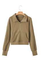 Brown zip-up sweatshirt with stand collar and thumbhole sleeves by Shewin, casual and comfortable for everyday wear.