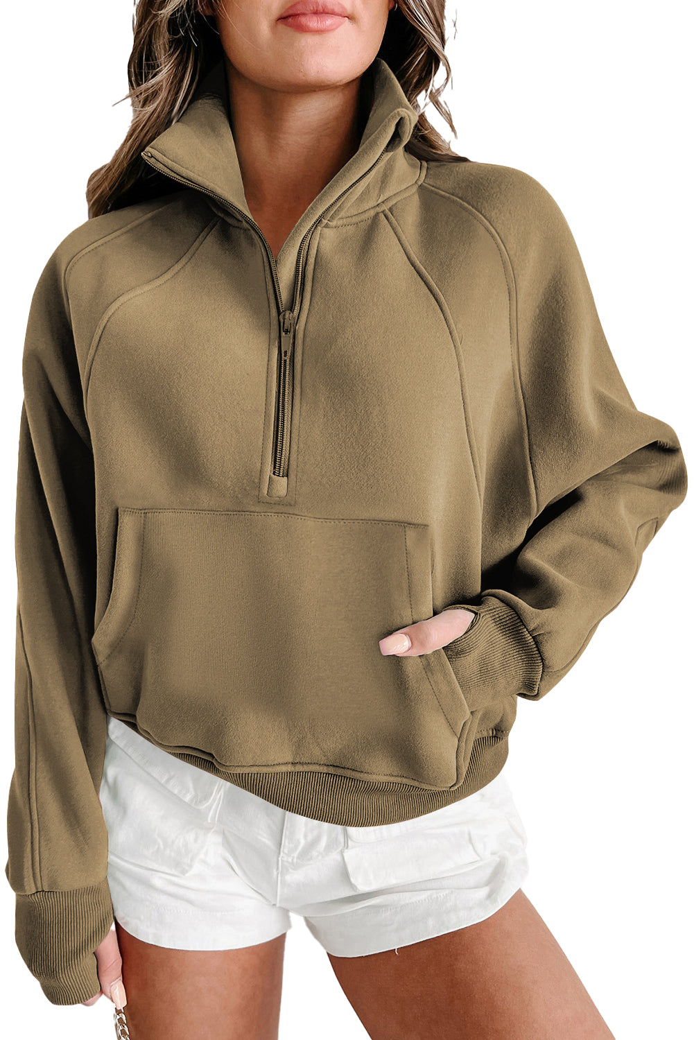 Brown zip-up sweatshirt with stand collar and thumbhole sleeves by Shewin, featuring a casual, comfortable design.