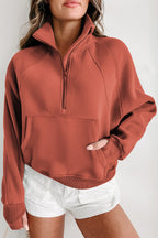 Brown zip-up sweatshirt with stand collar and thumbhole sleeves from Shewin, casual hoodie with comfortable fit.