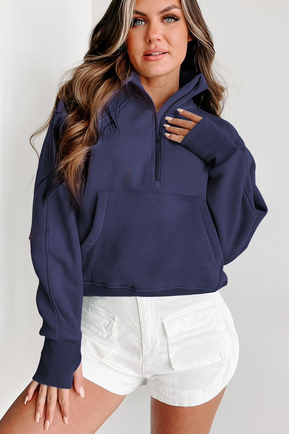 Brown zip-up sweatshirt with stand collar and thumbhole sleeves from Shewin, casual and comfortable for everyday wear.