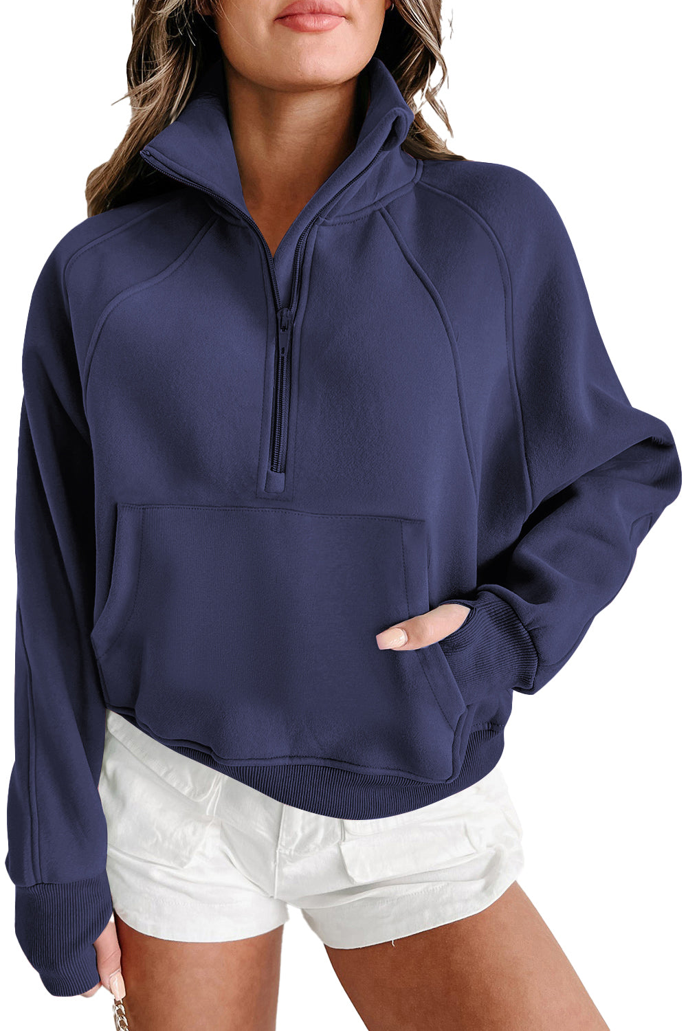 Brown zip-up sweatshirt with stand collar and thumbhole sleeves by Shewin, casual and comfortable for everyday wear.