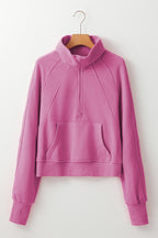 Brown zip-up sweatshirt with stand collar and thumbhole sleeves by Shewin, featuring a casual and comfortable design.
