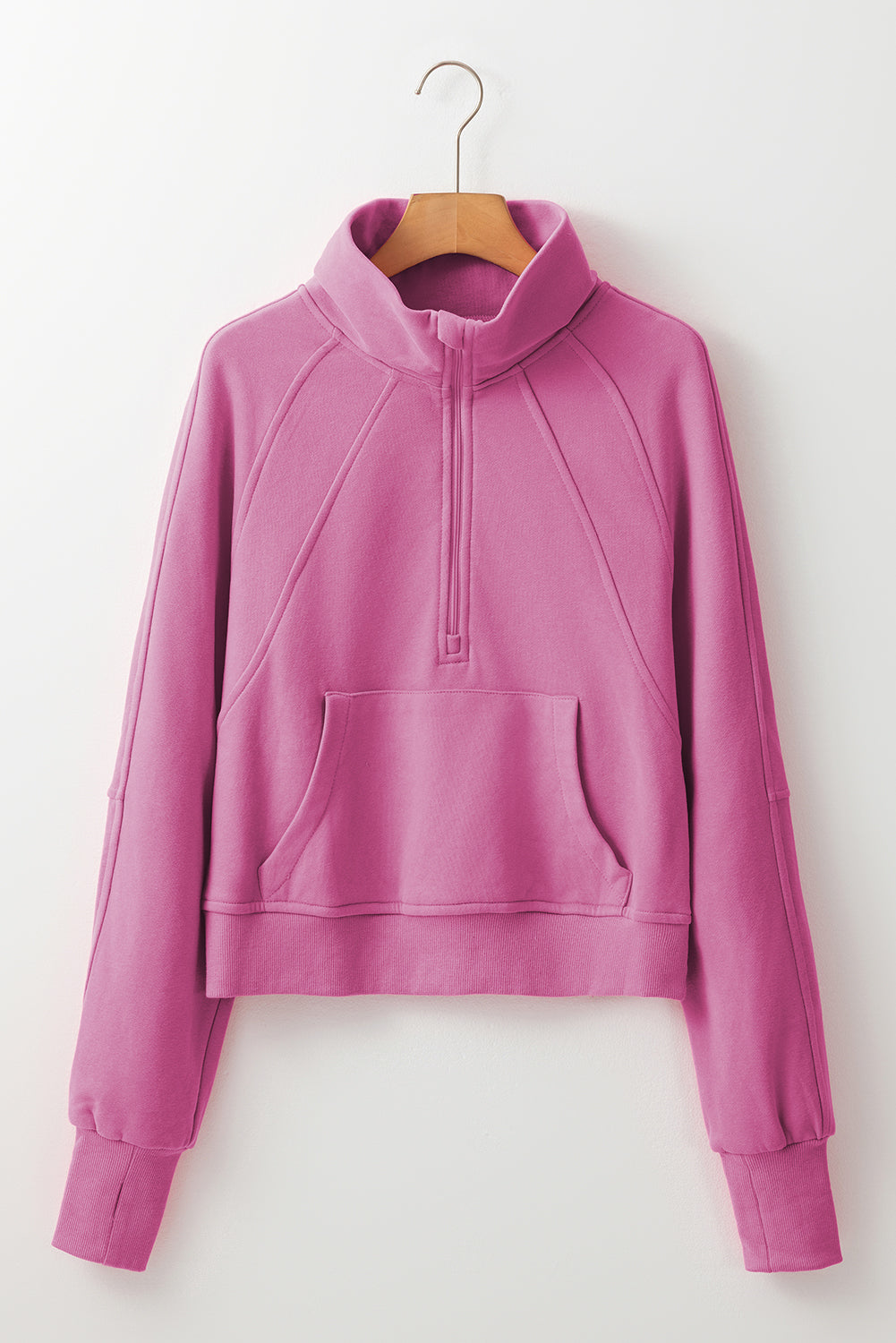 Brown zip-up sweatshirt with stand collar and thumbhole sleeves by Shewin, featuring a casual and comfortable design.