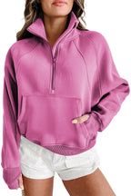 Brown zip-up stand collar sweatshirt with thumbhole sleeves from Shewin, casual and comfortable for everyday wear.