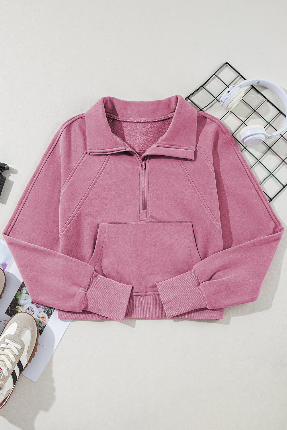 Brown zip-up sweatshirt with stand collar and thumbhole sleeves by Shewin, casual and comfortable for everyday wear.
