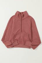 Brown zip-up sweatshirt with stand collar and thumbhole sleeves by Shewin, casual and comfortable for everyday wear.