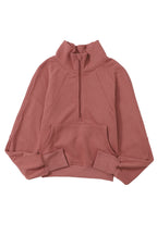 Brown zip-up sweatshirt with stand collar and thumbhole sleeves, from Shewin, featuring a casual, cozy design.