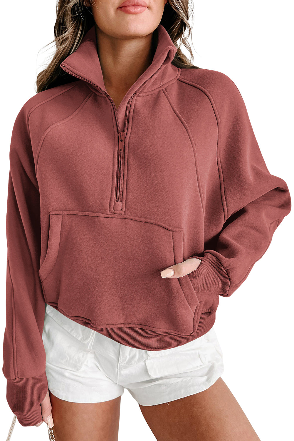 Brown zip-up sweatshirt with stand collar and thumbhole sleeves from Shewin, casual and comfortable for everyday wear.