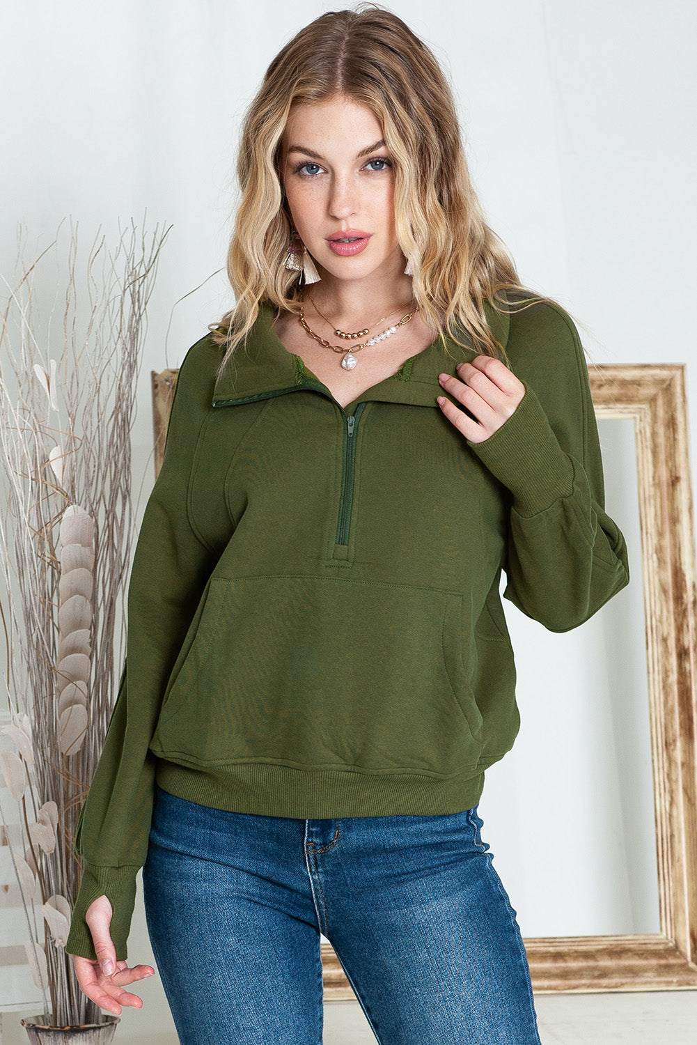 Brown zip-up sweatshirt with stand collar and thumbhole sleeves from Shewin, casual and comfortable for everyday wear.
