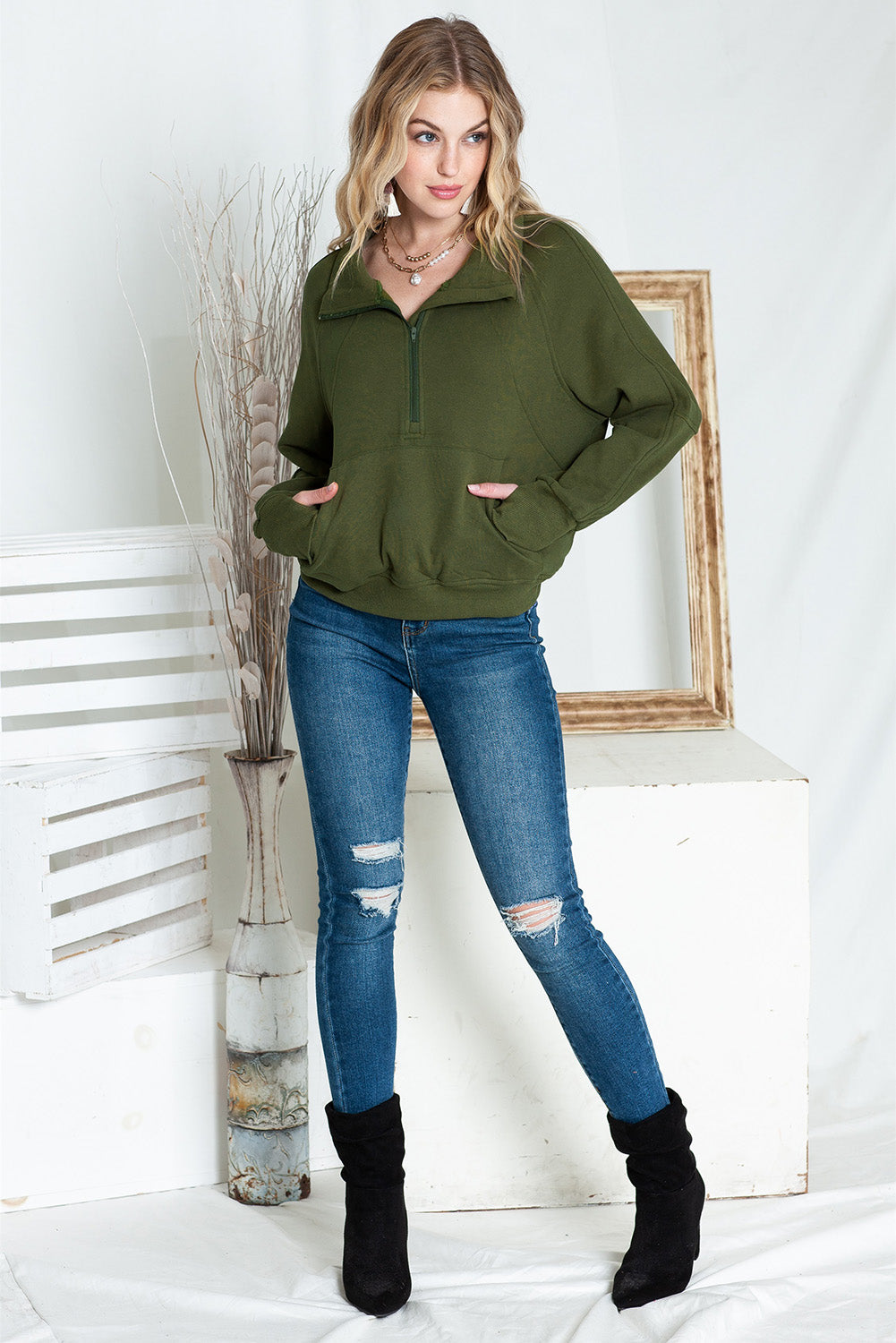 Brown zip-up stand collar sweatshirt with thumbhole sleeves from Shewin, casual hoodie with a comfortable fit and stylish design.