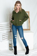 Brown zip-up stand collar sweatshirt with thumbhole sleeves from Shewin, casual hoodie with a comfortable fit and stylish design.