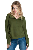 Brown zip-up sweatshirt with stand collar and thumbhole sleeves by Shewin, featuring a casual, comfortable fit.