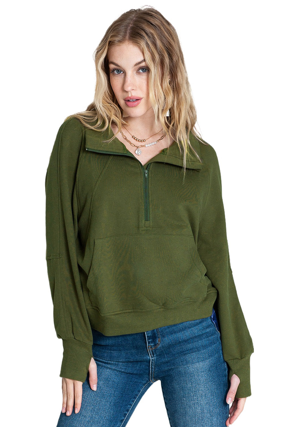 Brown zip-up sweatshirt with stand collar and thumbhole sleeves by Shewin, featuring a casual, comfortable fit.