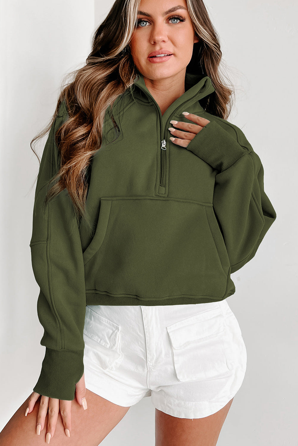 Brown zip-up stand collar sweatshirt with thumbhole sleeves from Shewin, casual and comfortable for everyday wear.