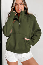 Brown zip-up sweatshirt with stand collar and thumbhole sleeves by Shewin, casual and cozy for everyday wear