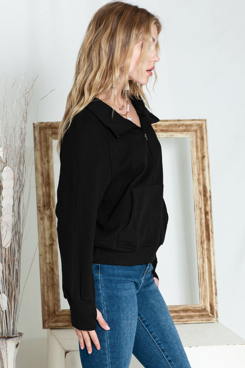 Brown zip-up sweatshirt with stand collar and thumbhole sleeves by Shewin, casual hoodie for comfortable wear.