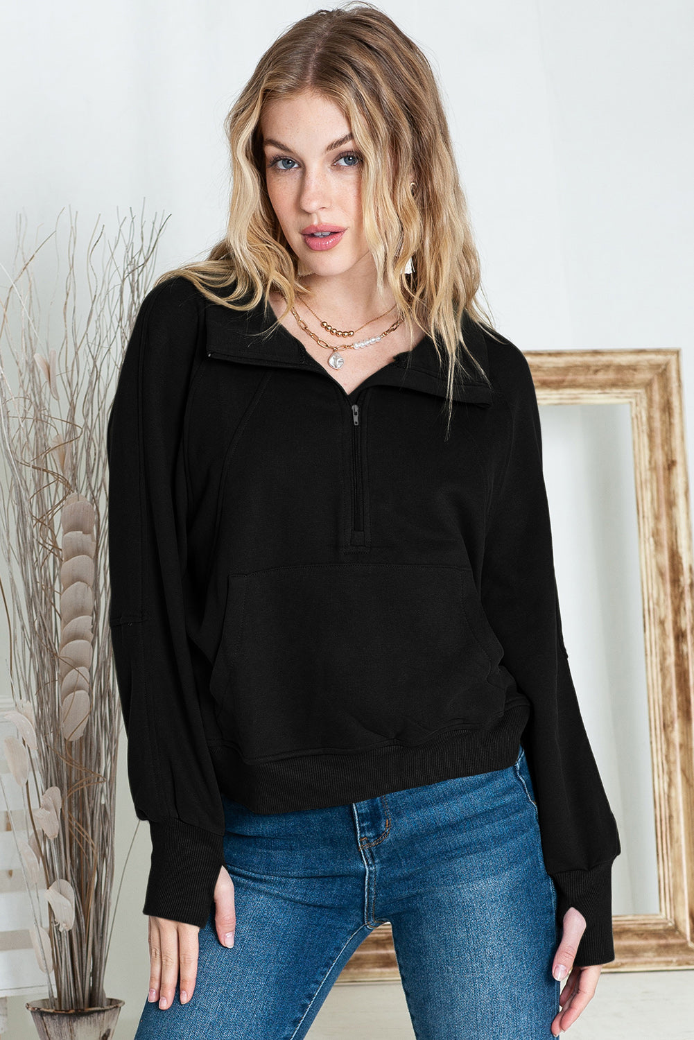 Brown zip-up sweatshirt with stand collar and thumbhole sleeves from Shewin, casual and comfortable for everyday wear.