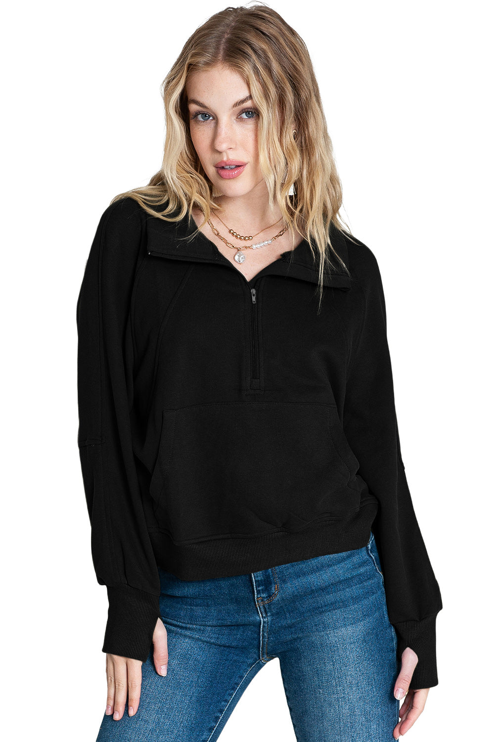 Brown zip-up sweatshirt with stand collar and thumbhole sleeves from Shewin, casual and comfortable for everyday wear.