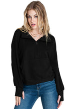 Brown zip-up sweatshirt with stand collar and thumbhole sleeves from Shewin, casual and comfortable for everyday wear.