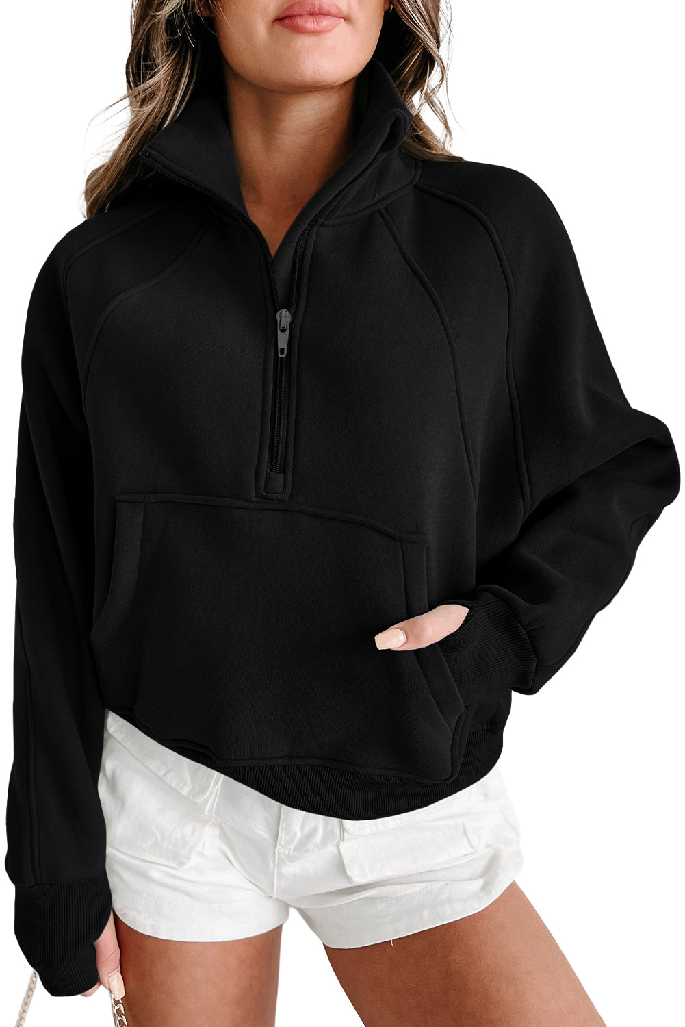 Brown zip-up sweatshirt with stand collar and thumbhole sleeves by Shewin, casual and comfortable for everyday wear.