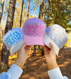 Southern Bliss trucker hats featuring Amen, Worthy, and Forgiven designs on stylish mesh caps with adjustable straps.