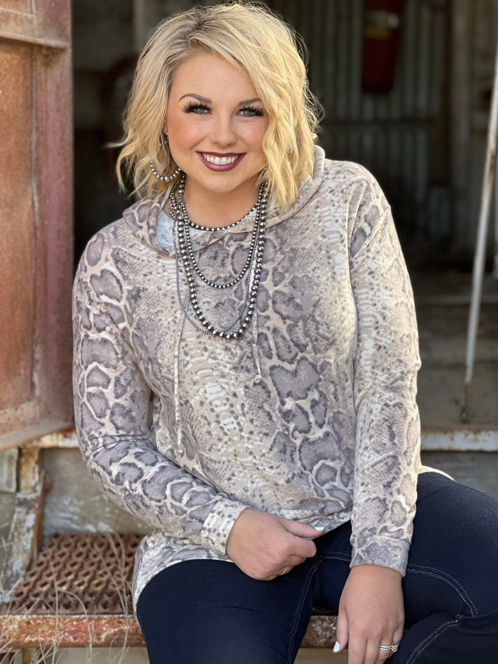Brown snakeskin lightweight hoodie from Texas True Threads, casual sweater with a stylish snakeskin pattern and cozy fit.