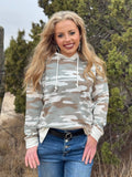 Texas True Threads Jess Camo Hooded Sweatshirt, camouflage sweater with hood, casual style, front pocket, long sleeves.