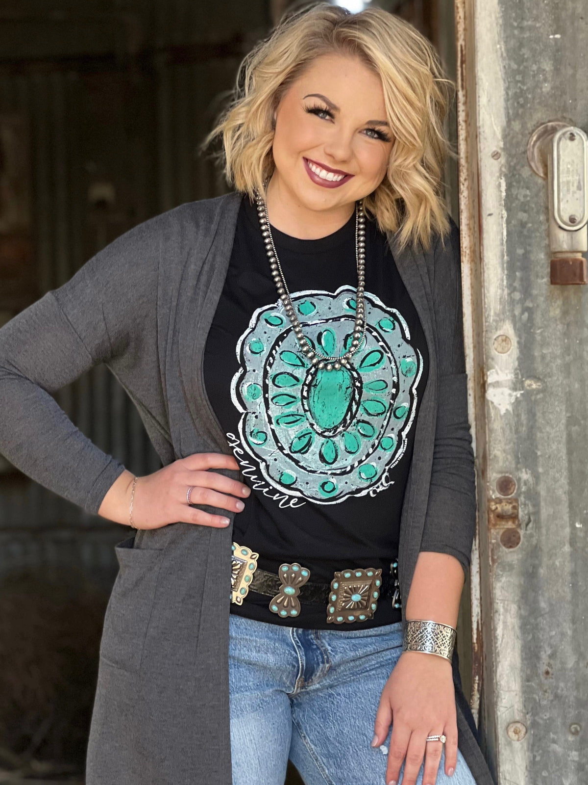 Grey Hacci cardigan sweater by Texas True Threads, featuring a soft, textured knit fabric and relaxed fit.