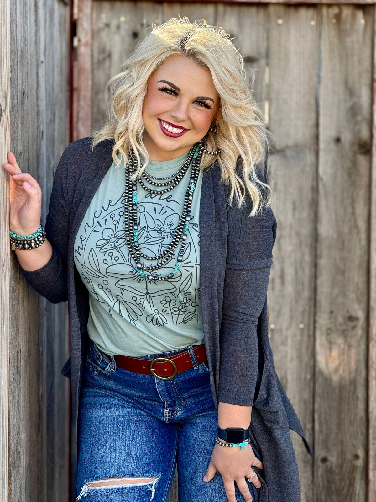 Grey Hacci Cardigan from Texas True Threads, cozy knit sweater with a relaxed fit and front pockets, ideal for casual wear.