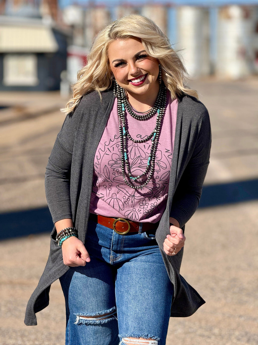 Grey Hacci Cardigan from Texas True Threads, a cozy knit sweater with a relaxed fit and textured fabric.