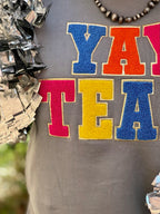 Gray Sync Logic Yay Team chenille applique sweatshirt by Texas True Threads, featuring a comfortable sweater design with team-themed embroidery.