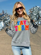 Gray Sync Logic Yay Team chenille applique sweatshirt by Texas True Threads, featuring a soft fabric and team-inspired design.